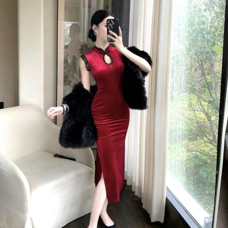 FA52018# 改良旗袍新中式国风红色丝绒花边性感无袖中长款显瘦连衣裙 服裝批發女裝批發服飾貨源