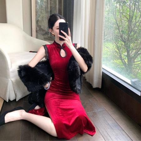 FA52018# 改良旗袍新中式国风红色丝绒花边性感无袖中长款显瘦连衣裙 服裝批發女裝批發服飾貨源