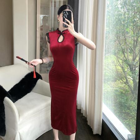 FA52018# 改良旗袍新中式国风红色丝绒花边性感无袖中长款显瘦连衣裙 服裝批發女裝批發服飾貨源