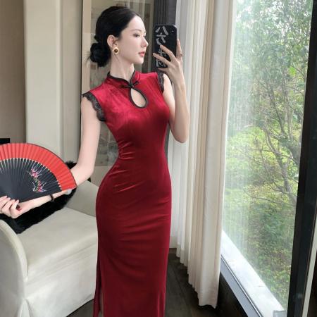 FA52018# 改良旗袍新中式国风红色丝绒花边性感无袖中长款显瘦连衣裙 服裝批發女裝批發服飾貨源