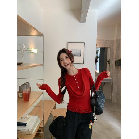 FA52019# 复古荡领撞色纽扣假两件修身长袖针织T恤 服裝批發女裝批發服飾貨源