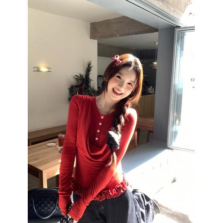 FA52019# 复古荡领撞色纽扣假两件修身长袖针织T恤 服裝批發女裝批發服飾貨源