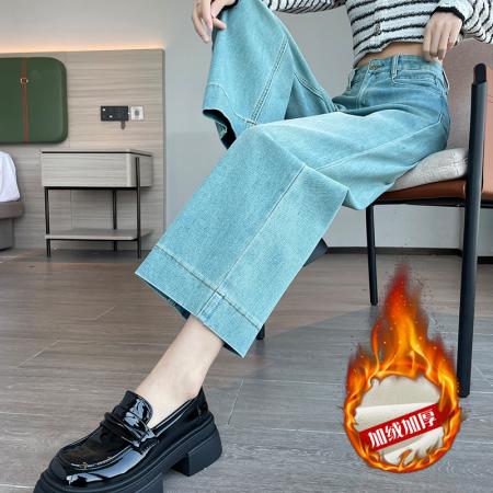 FA52022# 冬季加绒直筒牛仔裤女梨形身材高腰显瘦弹力九分阔腿裤  服裝批發女裝批發服飾貨源