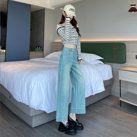 FA52022# 冬季加绒直筒牛仔裤女梨形身材高腰显瘦弹力九分阔腿裤  服裝批發女裝批發服飾貨源