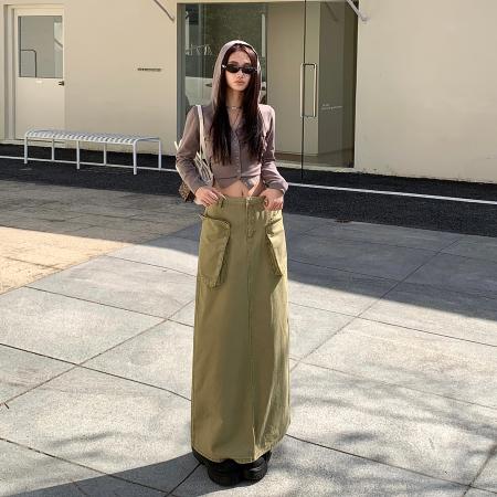 FA52023# 复古宽松牛仔半身裙女春装新款时尚口袋后开叉工装中长裙  服裝批發女裝批發服飾貨源