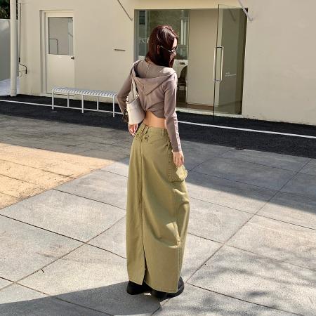 FA52023# 复古宽松牛仔半身裙女春装新款时尚口袋后开叉工装中长裙  服裝批發女裝批發服飾貨源