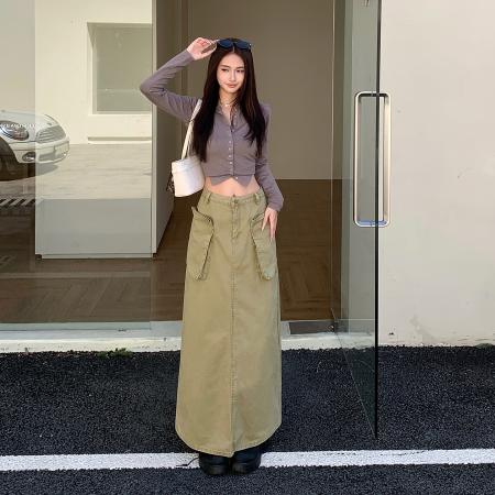 FA52023# 复古宽松牛仔半身裙女春装新款时尚口袋后开叉工装中长裙  服裝批發女裝批發服飾貨源