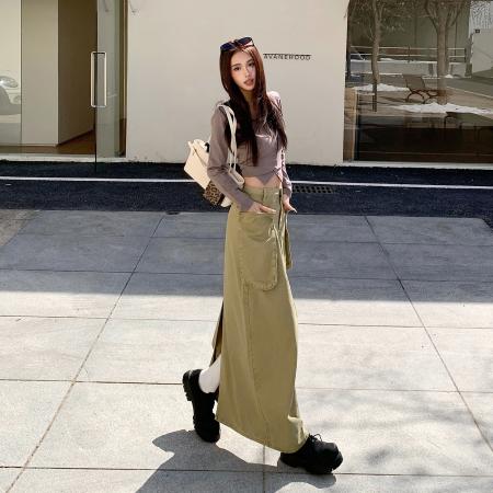 FA52023# 复古宽松牛仔半身裙女春装新款时尚口袋后开叉工装中长裙  服裝批發女裝批發服飾貨源