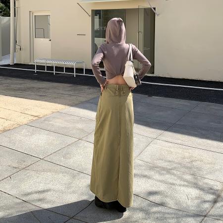 FA52023# 复古宽松牛仔半身裙女春装新款时尚口袋后开叉工装中长裙  服裝批發女裝批發服飾貨源