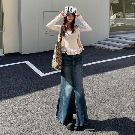 FA52024# 复古牛仔鱼尾半身裙女春装高腰显瘦遮胯中长款包臀裙子  服裝批發女裝批發服飾貨源