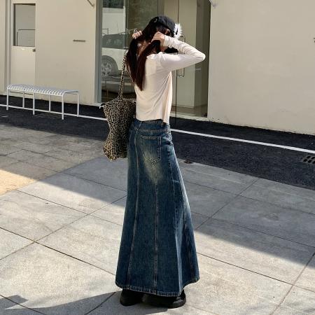 FA52024# 复古牛仔鱼尾半身裙女春装高腰显瘦遮胯中长款包臀裙子  服裝批發女裝批發服飾貨源