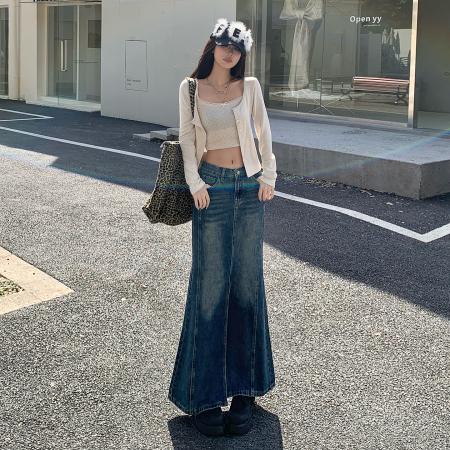 FA52024# 复古牛仔鱼尾半身裙女春装高腰显瘦遮胯中长款包臀裙子  服裝批發女裝批發服飾貨源