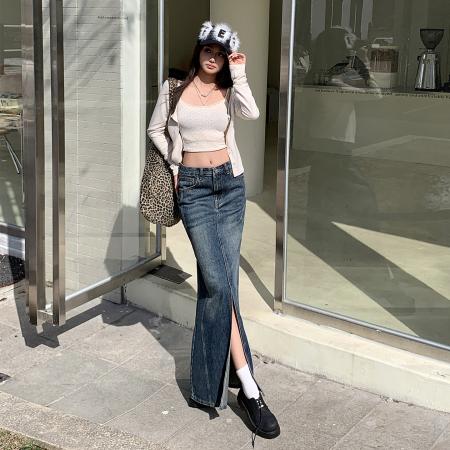 FA52024# 复古牛仔鱼尾半身裙女春装高腰显瘦遮胯中长款包臀裙子  服裝批發女裝批發服飾貨源