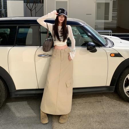 FA52025# 美式卡其半身裙女春装多口袋工装裙长裙后开叉牛仔裙子  服裝批發女裝批發服飾貨源