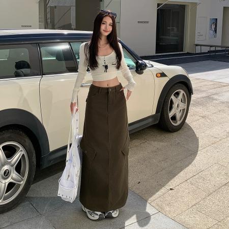 FA52025# 美式卡其半身裙女春装多口袋工装裙长裙后开叉牛仔裙子  服裝批發女裝批發服飾貨源