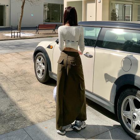 FA52025# 美式卡其半身裙女春装多口袋工装裙长裙后开叉牛仔裙子  服裝批發女裝批發服飾貨源