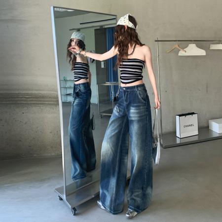 FA52026# 美式深蓝色阔腿牛仔裤女春装新款宽松垂感直筒拖地裤子  服裝批發女裝批發服飾貨源