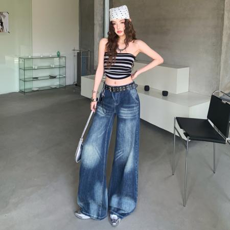 FA52026# 美式深蓝色阔腿牛仔裤女春装新款宽松垂感直筒拖地裤子  服裝批發女裝批發服飾貨源