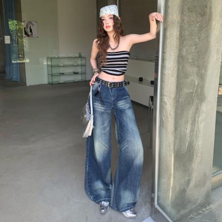 FA52026# 美式深蓝色阔腿牛仔裤女春装新款宽松垂感直筒拖地裤子  服裝批發女裝批發服飾貨源