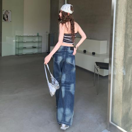FA52026# 美式深蓝色阔腿牛仔裤女春装新款宽松垂感直筒拖地裤子  服裝批發女裝批發服飾貨源