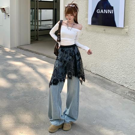 FA52027# 可拆卸屁帘阔腿牛仔裤女春装新款高腰设计感慵懒宽松裤子  服裝批發女裝批發服飾貨源