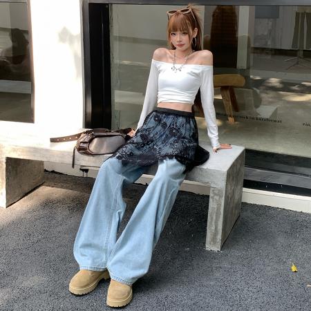 FA52027# 可拆卸屁帘阔腿牛仔裤女春装新款高腰设计感慵懒宽松裤子  服裝批發女裝批發服飾貨源