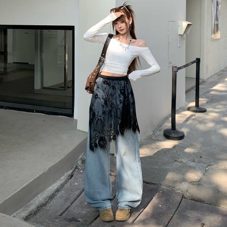 FA52027# 可拆卸屁帘阔腿牛仔裤女春装新款高腰设计感慵懒宽松裤子  服裝批發女裝批發服飾貨源