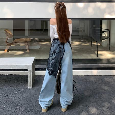 FA52027# 可拆卸屁帘阔腿牛仔裤女春装新款高腰设计感慵懒宽松裤子  服裝批發女裝批發服飾貨源