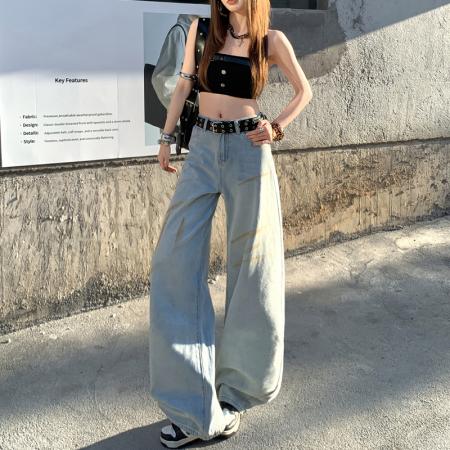 FA52028# 美式印花牛仔裤女春季新款梨形身材复古显瘦直筒阔腿裤子  服裝批發女裝批發服飾貨源