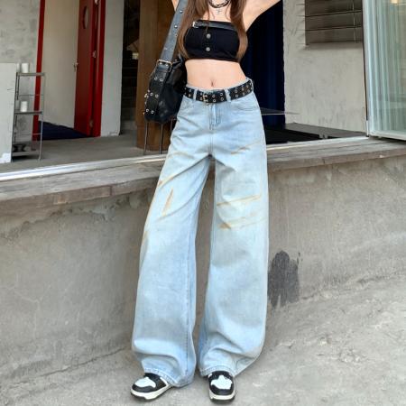 FA52028# 美式印花牛仔裤女春季新款梨形身材复古显瘦直筒阔腿裤子  服裝批發女裝批發服飾貨源