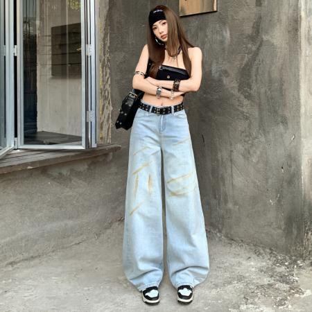 FA52028# 美式印花牛仔裤女春季新款梨形身材复古显瘦直筒阔腿裤子  服裝批發女裝批發服飾貨源