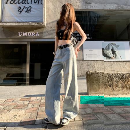 FA52028# 美式印花牛仔裤女春季新款梨形身材复古显瘦直筒阔腿裤子  服裝批發女裝批發服飾貨源