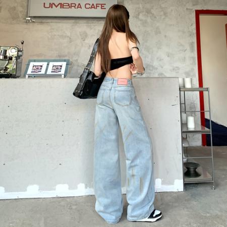 FA52028# 美式印花牛仔裤女春季新款梨形身材复古显瘦直筒阔腿裤子  服裝批發女裝批發服飾貨源