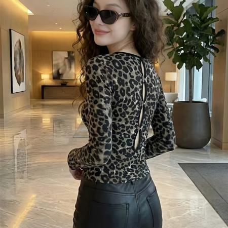 FA52035# 春新款圆领长袖豹纹拼接t恤女修身打底衫潮  服裝批發女裝批發服飾貨源