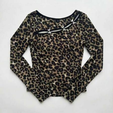 FA52035# 春新款圆领长袖豹纹拼接t恤女修身打底衫潮  服裝批發女裝批發服飾貨源