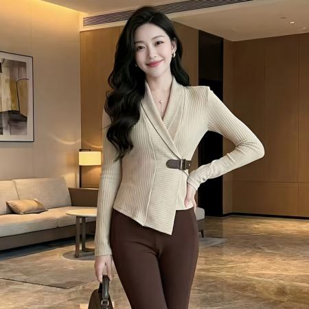 FA52036# 秋冬高级感修身皮带设计收腰显瘦百搭时尚休闲针织衫  服裝批發女裝批發服飾貨源