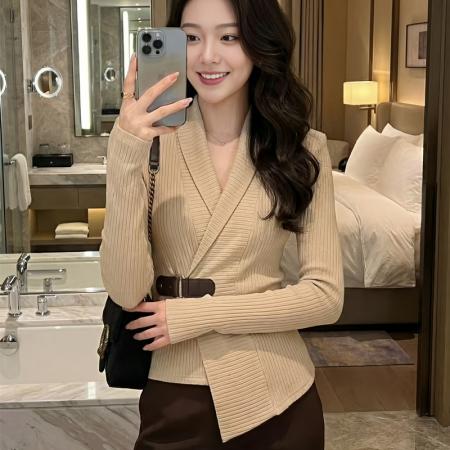 FA52036# 秋冬高级感修身皮带设计收腰显瘦百搭时尚休闲针织衫  服裝批發女裝批發服飾貨源