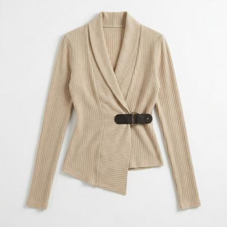 FA52036# 秋冬高级感修身皮带设计收腰显瘦百搭时尚休闲针织衫  服裝批發女裝批發服飾貨源