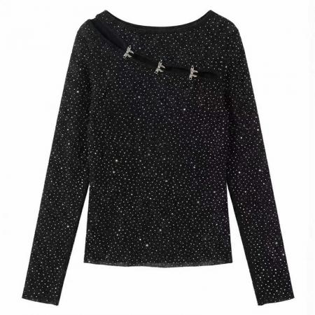 FA52037# 春新款圆领长袖烫钻拼接t恤女修身打底衫潮  服裝批發女裝批發服飾貨源