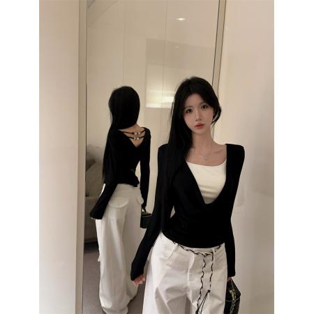 FA52038# 高弹针织设计感串珠假两件套带胸垫荡领针织衫上衣女  服裝批發女裝批發服飾貨源