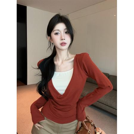 FA52038# 高弹针织设计感串珠假两件套带胸垫荡领针织衫上衣女  服裝批發女裝批發服飾貨源