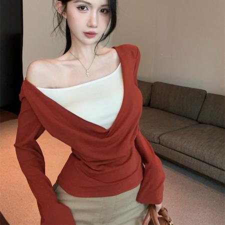 FA52038# 高弹针织设计感串珠假两件套带胸垫荡领针织衫上衣女  服裝批發女裝批發服飾貨源