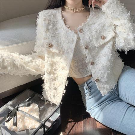 春季新款气质名媛粗花镶钳蕾丝呢圆领短款洋气外套  服裝批發女裝批發服飾貨源