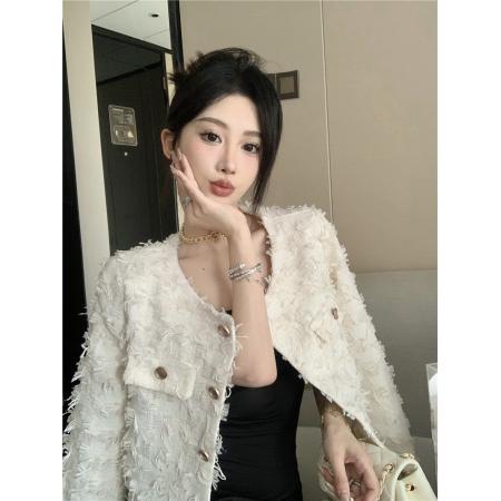 FA52040# 春季新款气质名媛粗花镶钳蕾丝呢圆领短款洋气外套  服裝批發女裝批發服飾貨源