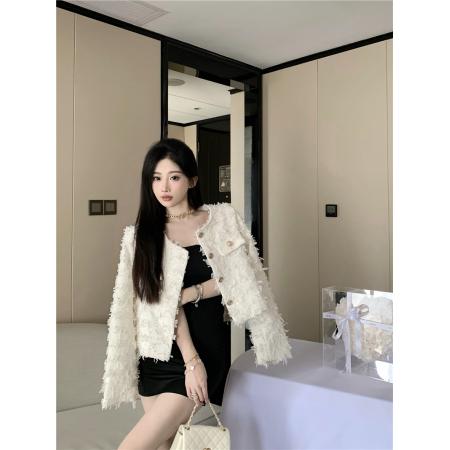 FA52040# 春季新款气质名媛粗花镶钳蕾丝呢圆领短款洋气外套  服裝批發女裝批發服飾貨源