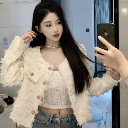 FA52040# 春季新款气质名媛粗花镶钳蕾丝呢圆领短款洋气外套  服裝批發女裝批發服飾貨源