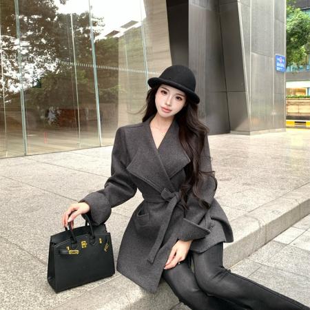FA52042# 法式名媛温柔风加厚毛呢翻领系腰带收腰显瘦大衣外套女  服裝批發女裝批發服飾貨源