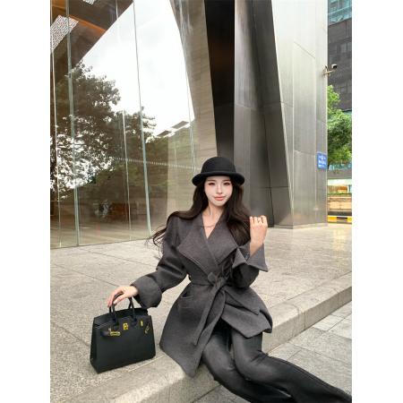 FA52042# 法式名媛温柔风加厚毛呢翻领系腰带收腰显瘦大衣外套女  服裝批發女裝批發服飾貨源