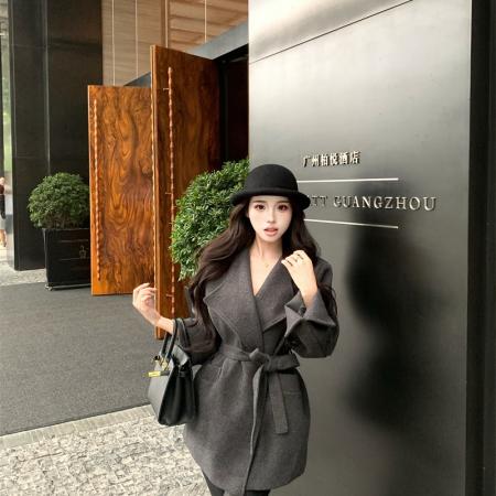 FA52042# 法式名媛温柔风加厚毛呢翻领系腰带收腰显瘦大衣外套女  服裝批發女裝批發服飾貨源