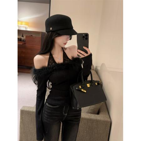 FA52043# 蕾丝拼接针织打底衫修身性感辣妹纯欲一字肩挂脖上衣  服裝批發女裝批發服飾貨源